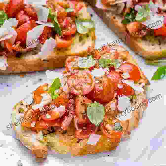 A Colorful Image Of Toasted Bread Topped With Diced Tomatoes, Fresh Basil, And A Drizzle Of Olive Oil, Creating A Simple Yet Flavorful Bruschetta. ITALIAN CUISINE: The Recipes Of Ten Most Famous Italian Dishes In The World To Be Easily Prepared At Home